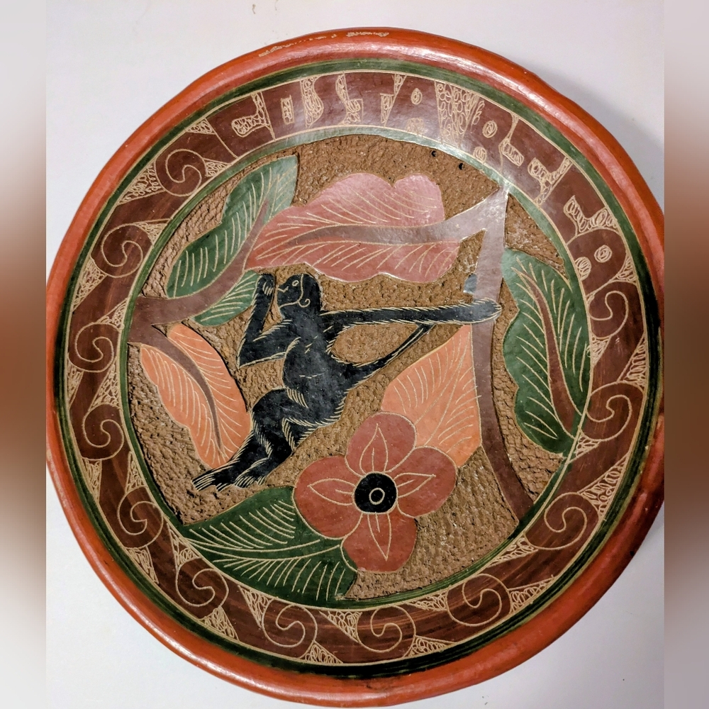 Costa Rica Clay Display Decorative Plate with Monkey Design VTG 10 1/4 x 10 1/4
